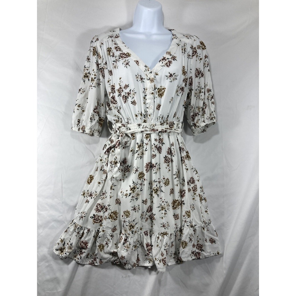 Velvet Heart Floral Print Blouse Size Small  White Rayon Tie Ruffle V Neckline